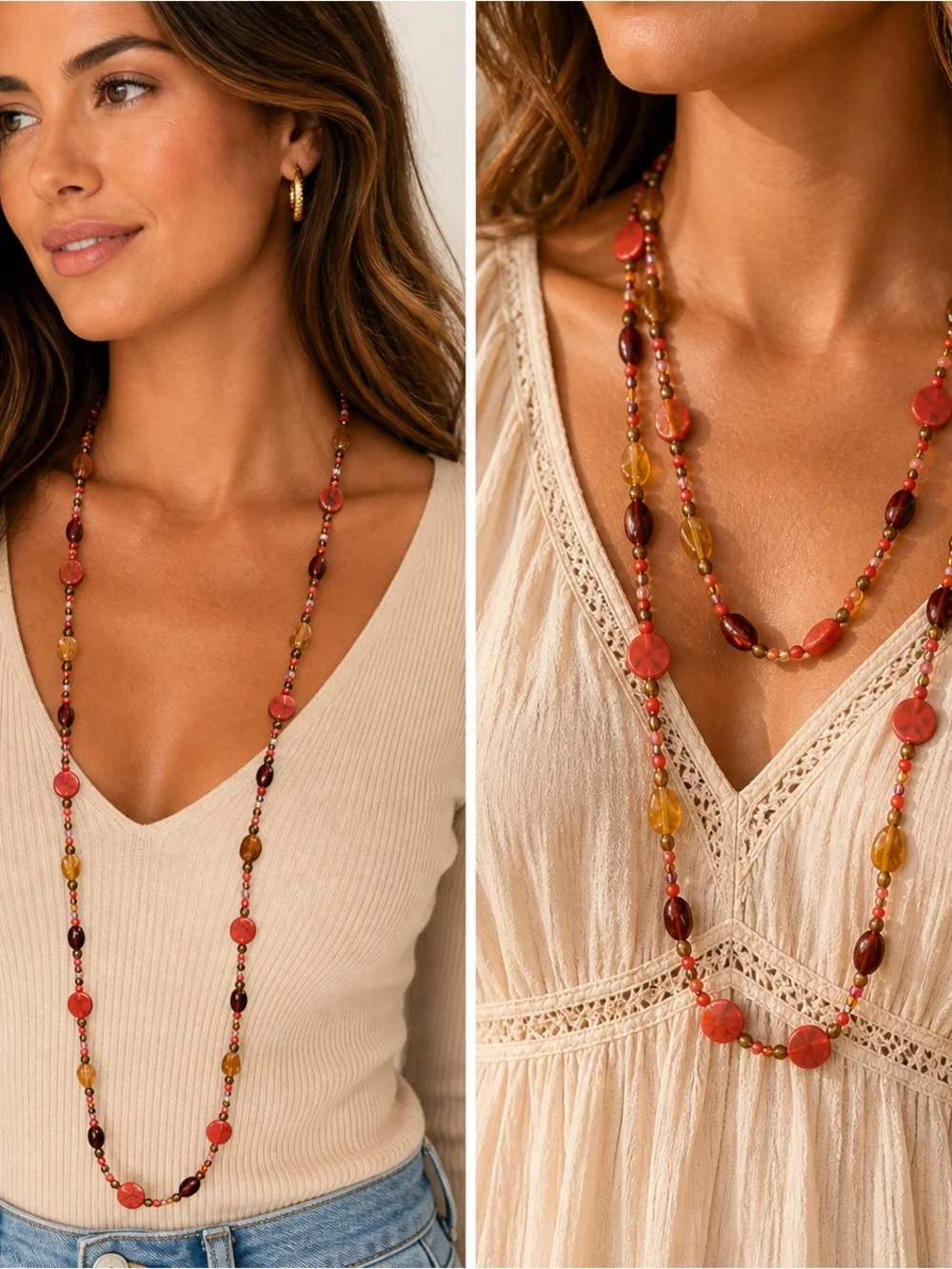 Long Beaded Necklace in Coral, Amber & Garnet Tones